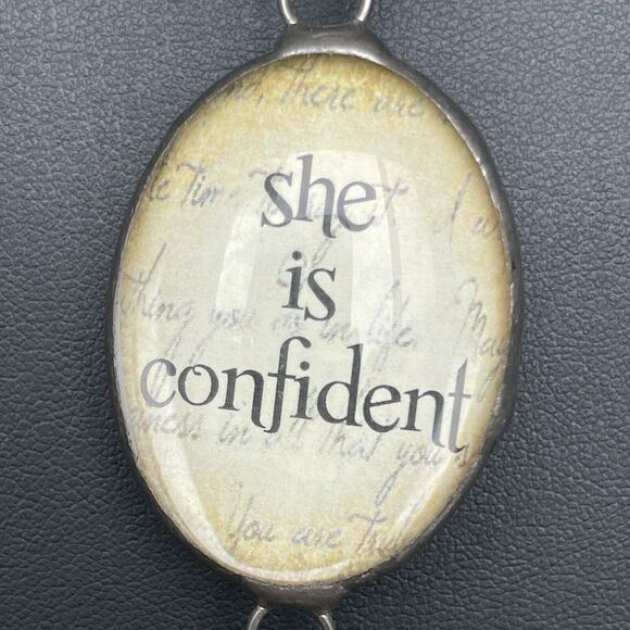 Bubble Glass Pendant Crown & She Is Confident Quote Pendant Necklace Silver Tone - Picture 5 of 7